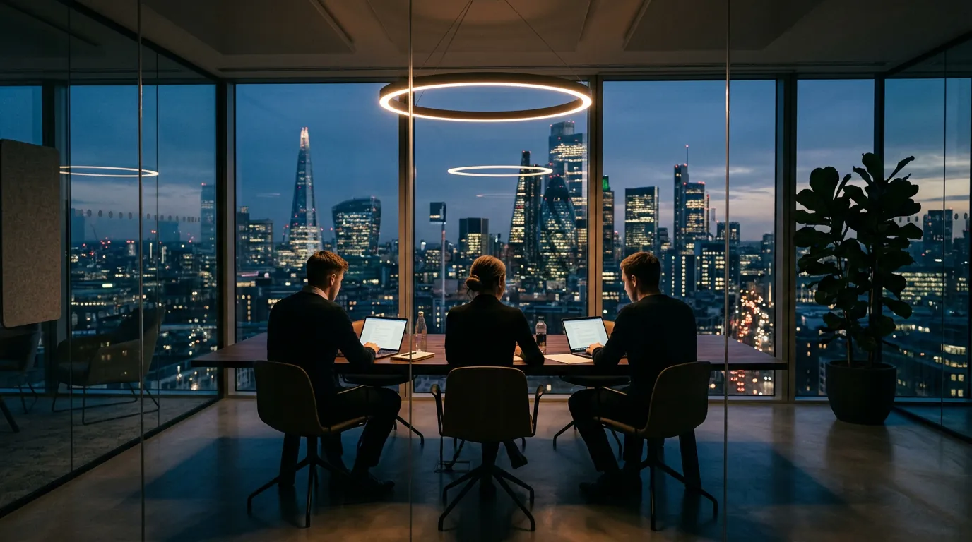 Equipe de advogados reunida em uma sala de vidro com vista para a cidade ao anoitecer