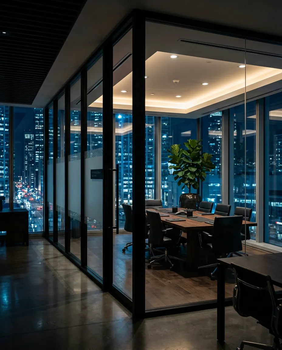 Interior do escritório da PRISMA com salas de vidro e vista noturna da cidade